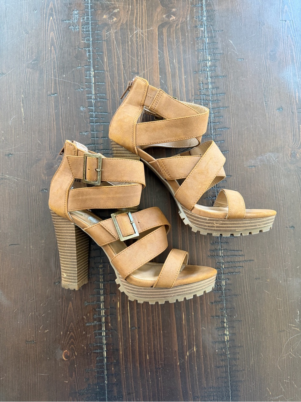 Report Tan Strappy Platform Block Heel Sandals